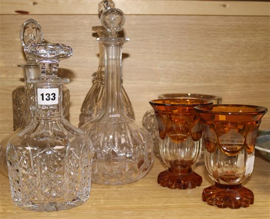 2 amber etched Great Exhibition vases, 5 decanters and a vase